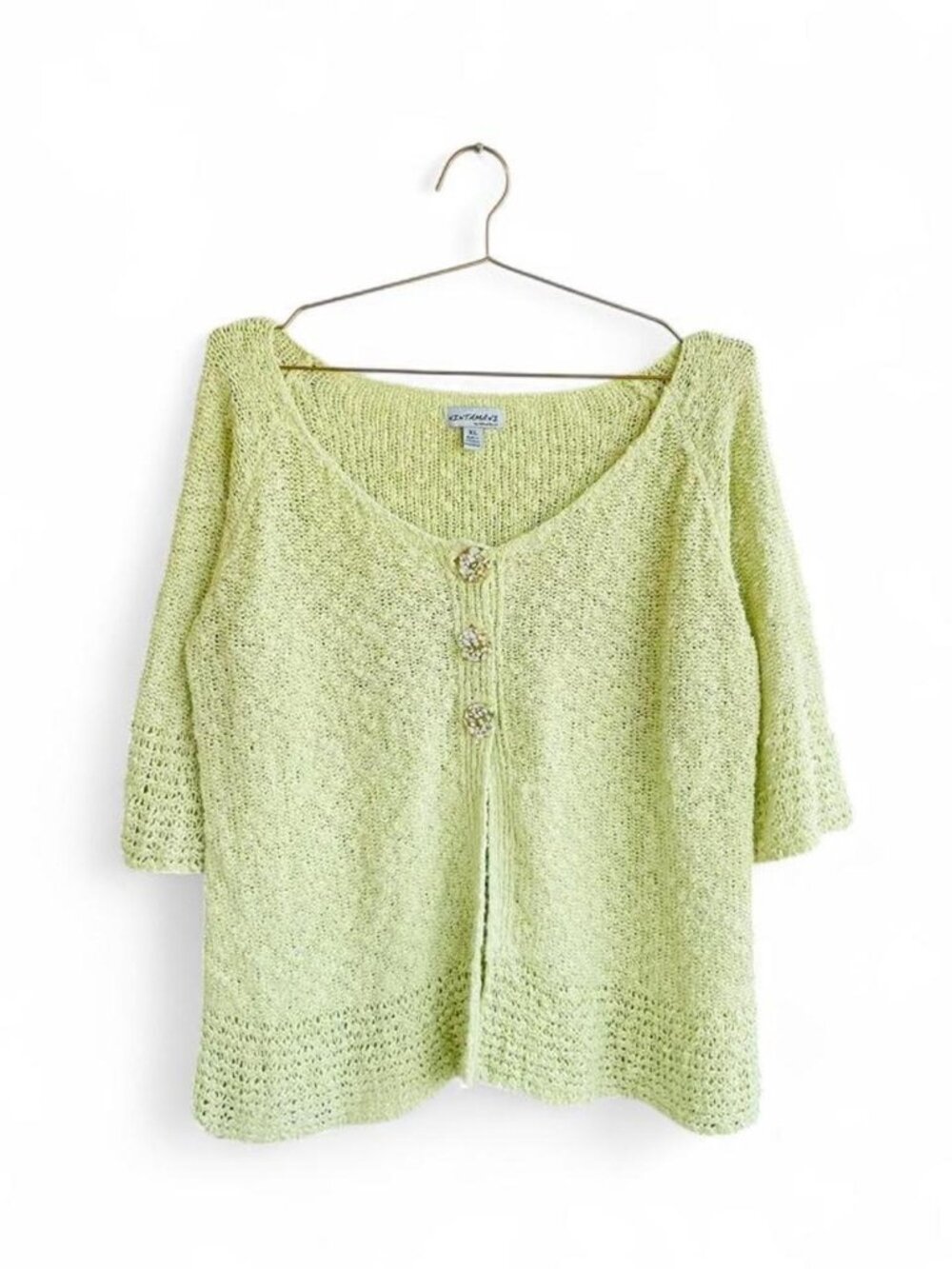 Vintage Lime Green Textured Knit Cardigan – Chunky Button Front Cottagecore (XL)